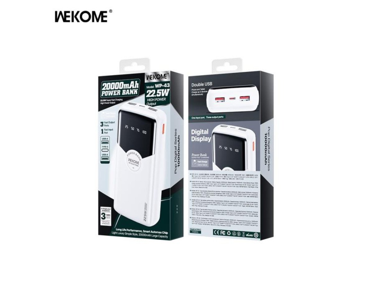 Power Bank WK 20000mAh 22,5W PDx1 & QC2.0x2 White WP-43