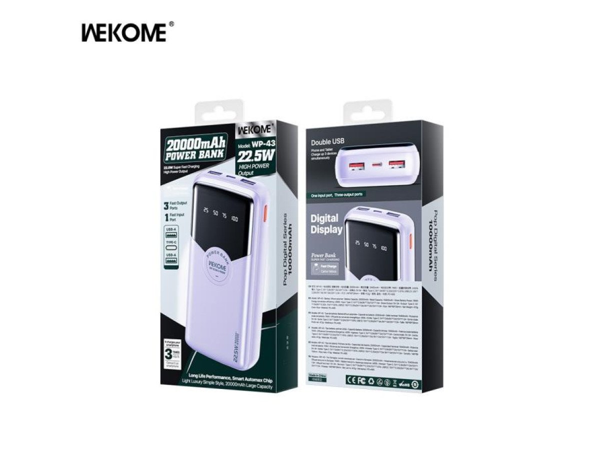 Power Bank WK 20000mAh 22,5W PDx1 & QC2.0x2 Purple WP-43