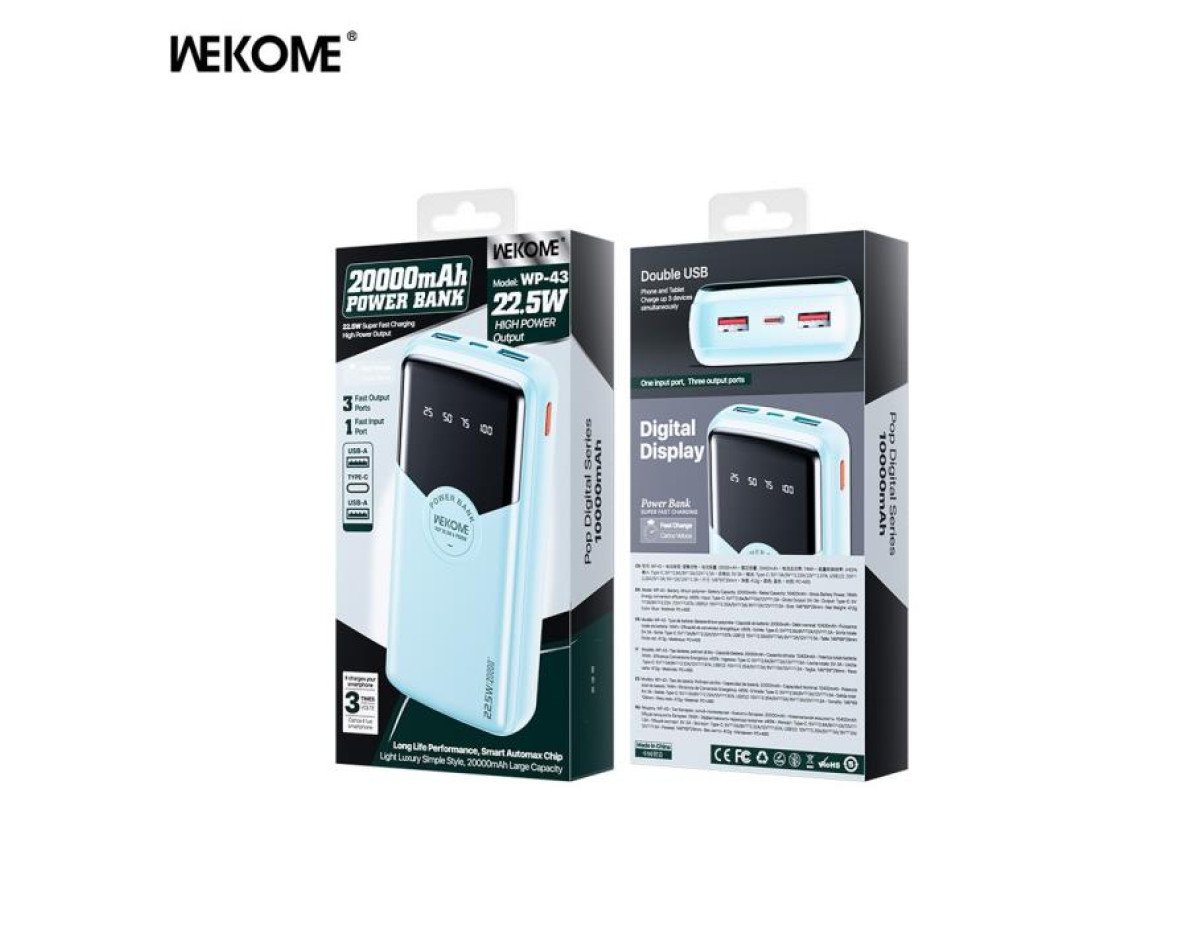 Power Bank WK 20000mAh 22,5W PDx1 & QC2.0x2 Blue WP-43