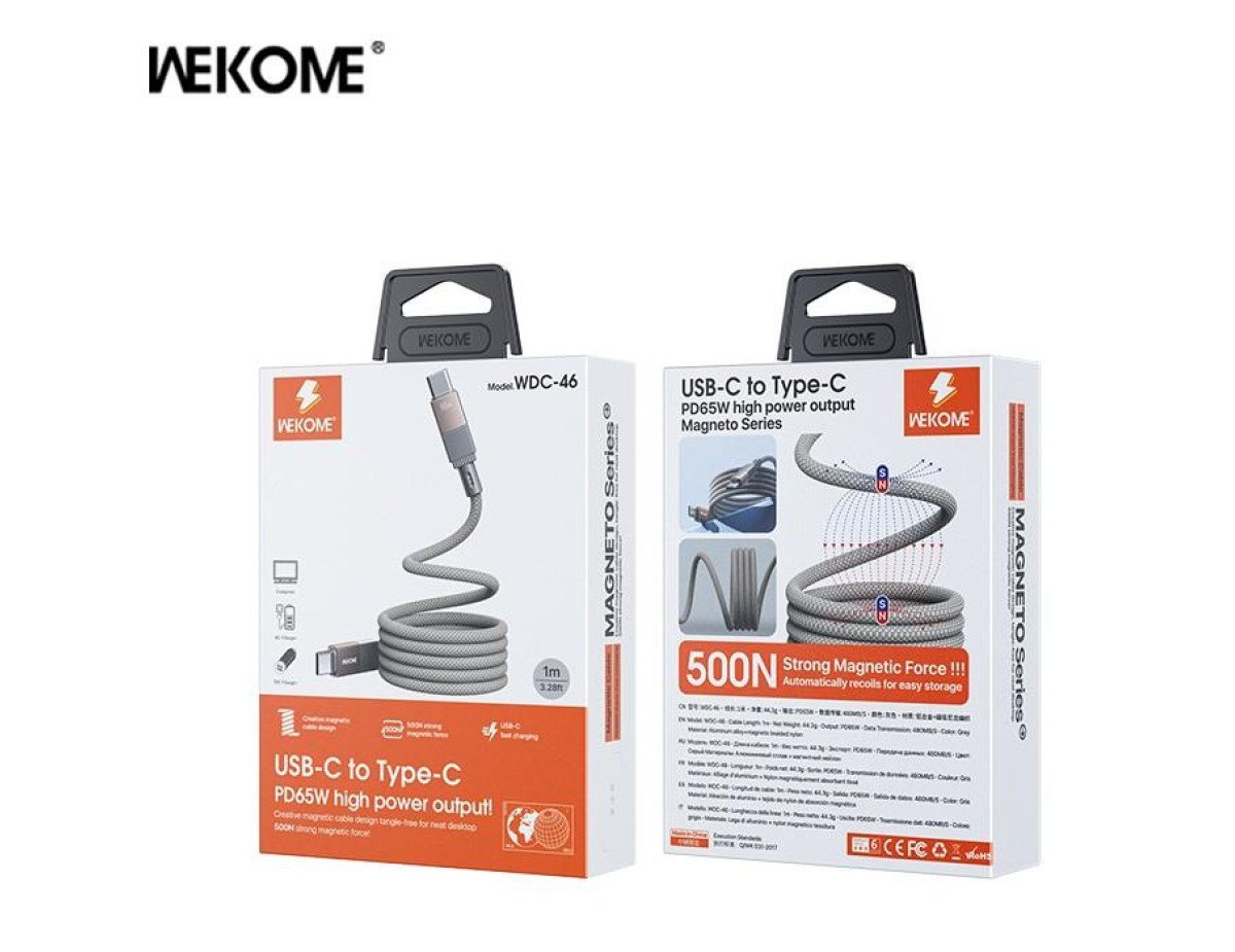 Charging Cable WK 65W TYPE-C/TYPE-C Grey 1m WDC-46