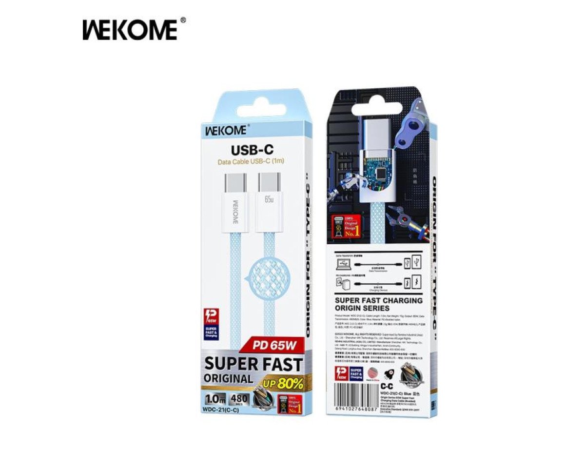 Charging Cable WK 65W TYPE-C/TYPE-C Blue 1m WDC-21