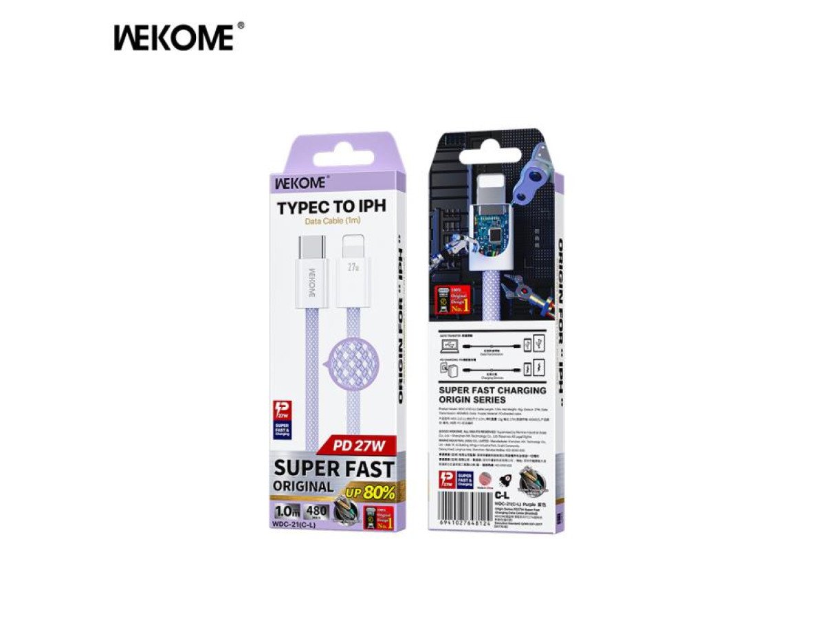 Charging Cable WK 27W PD TYPE-C/i6 Purple 1m WDC-21