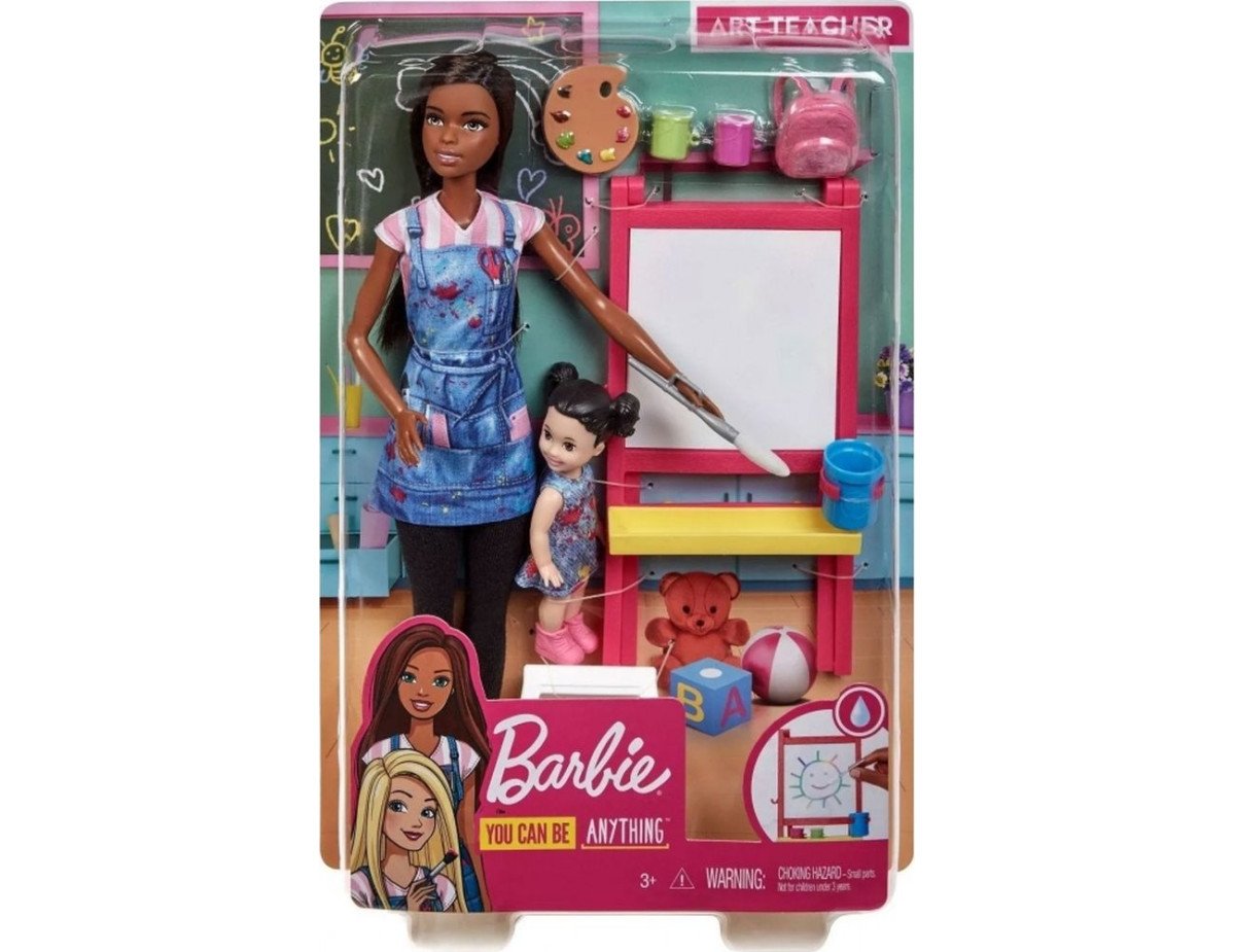 Mattel Barbie You Can be Anything - Dark Skin Doll Art Teacher with Brunette kid Doll (GJM30)