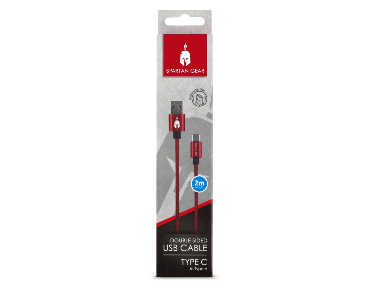 Spartan Gear - Double Sided USB Cable (Type C) (length: 2m - compatible with playstation 5, xbox series x/s, tablet, mobile) (colour: Red)