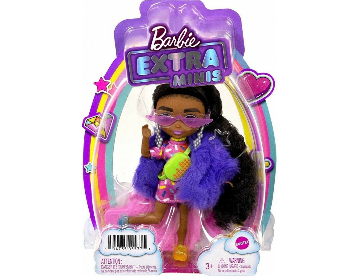 Mattel Barbie Extra Minis - Dark Skin Doll Wearing Faux Fur Coat Purple (HGP63)