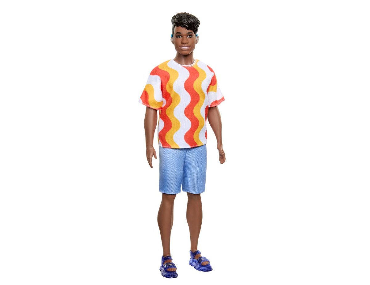 Mattel Barbie Ken Doll - Fashionistas #220 Dark Skin Doll with Behind the Ear Hearing Aids Wearing Orange Shirt  Jelly Shoes (HRH23)