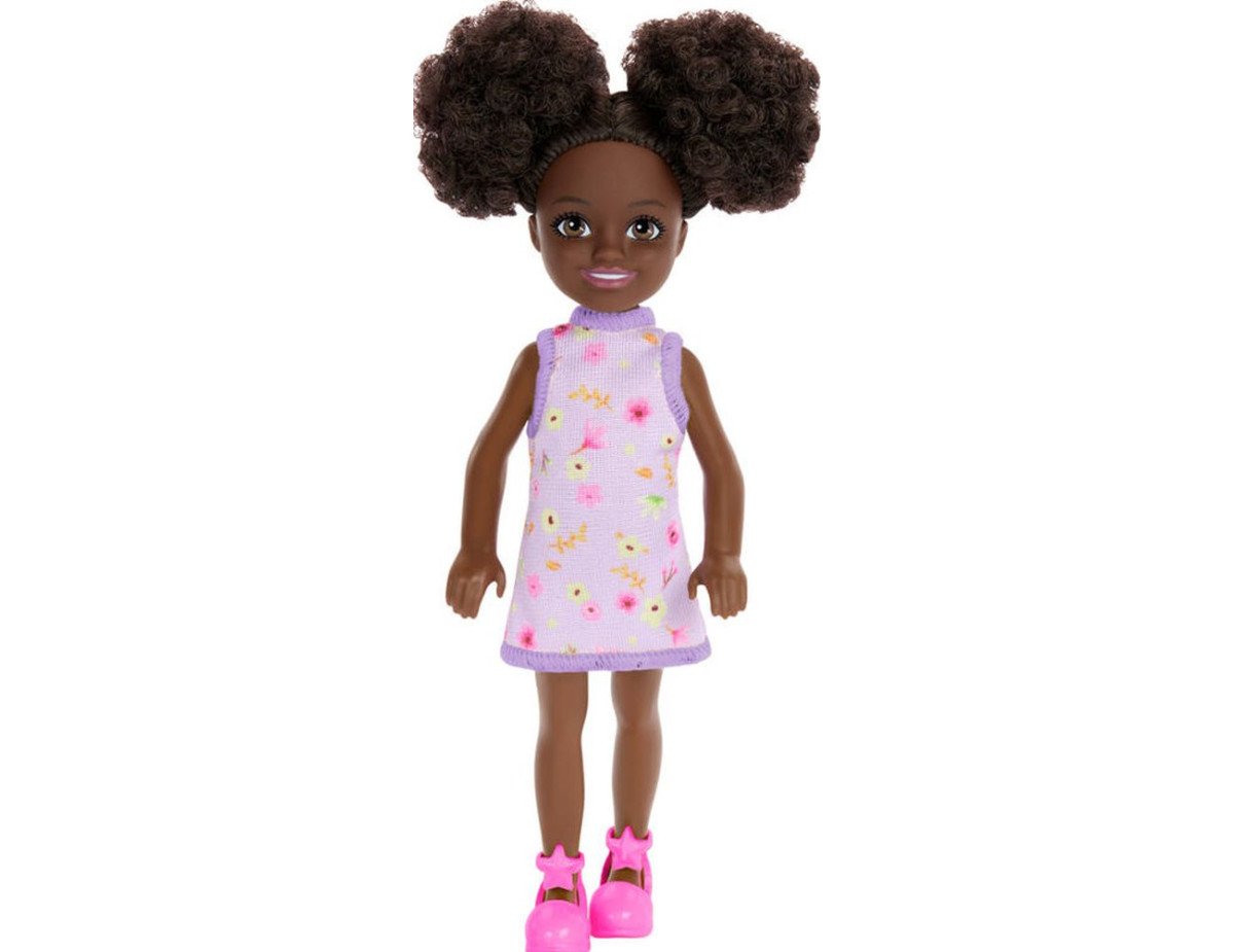 Mattel Barbie: Chelsea with Purple Floral Dress, Space Buns  Brown Eyes (Dark Skin) Doll (HXM96)