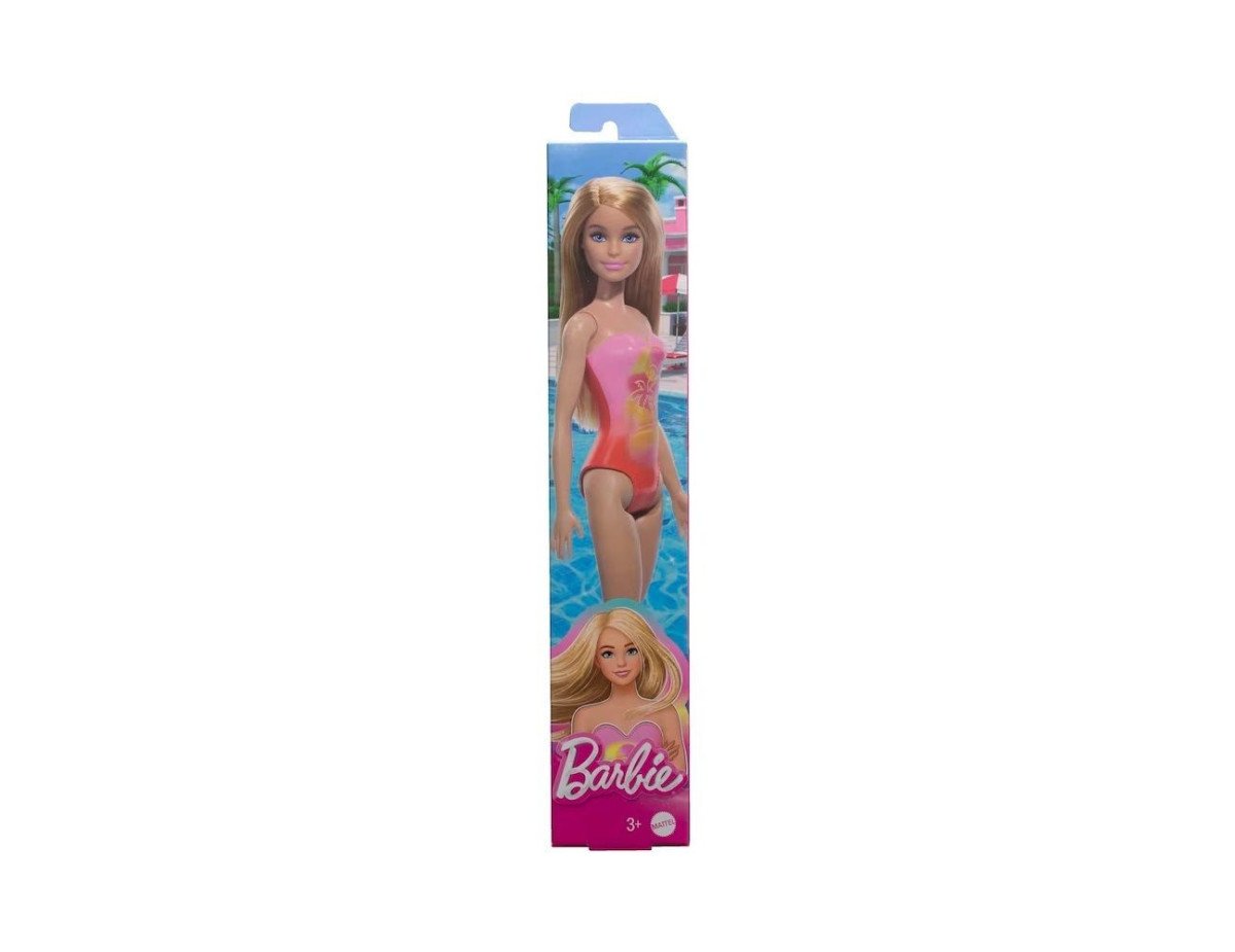 Mattel Barbie: Beach - Blond Hair Doll Wearing Pink Palm Tree-Print Swimsuit (HPV19)