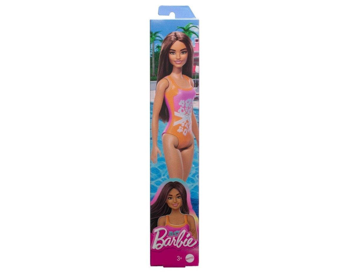 Mattel Barbie: Beach - Light Brown Hair Doll Wearing Tropical Pink and Orange Swimsuit (HPV21)