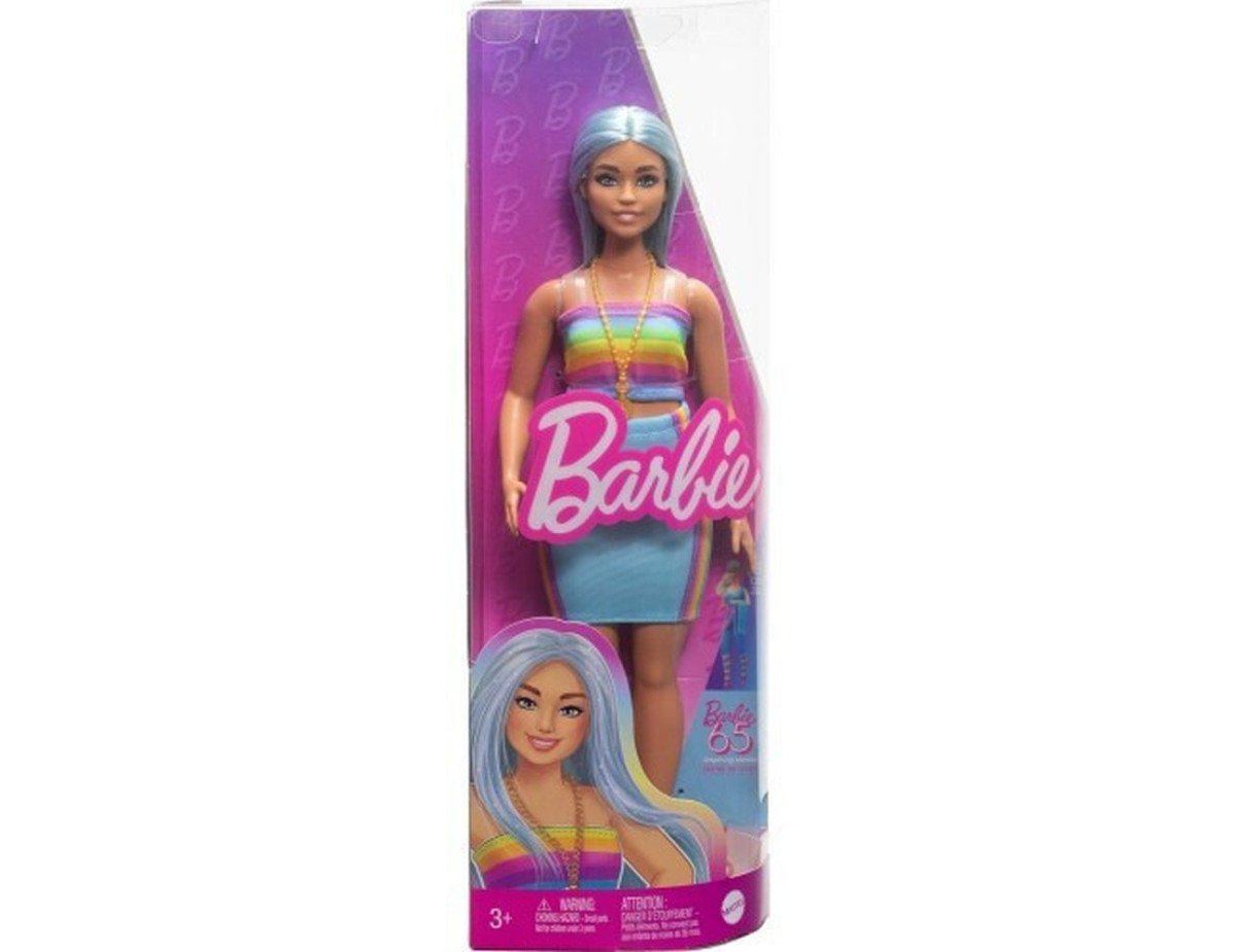 Mattel Barbie Doll - Fashionistas #218 Long Blue Hair Curvy Doll with Rainbow Top  Teal Skirt (HRH16)