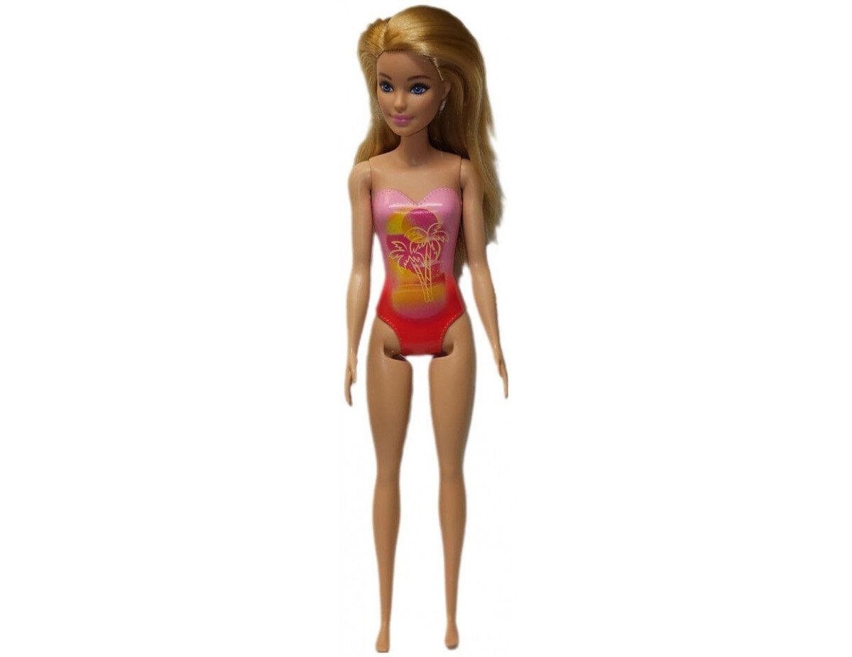 Mattel Barbie: Beach - Blond Hair Doll Wearing Pink Palm Tree-Print Swimsuit (HXX48)