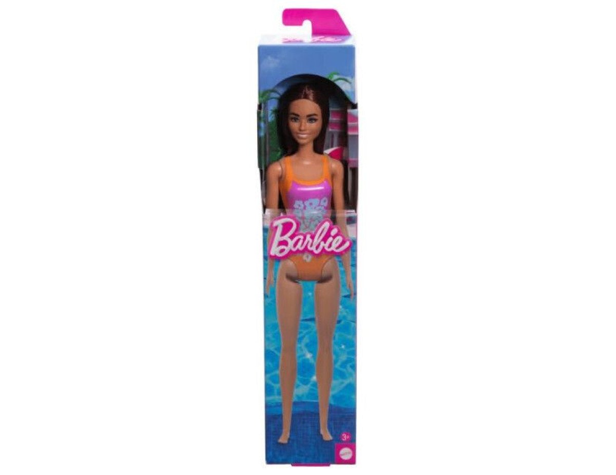 Mattel Barbie: Beach - Light Brown Hair Doll Wearing Tropical Pink and Orange Swimsuit (HXX50)