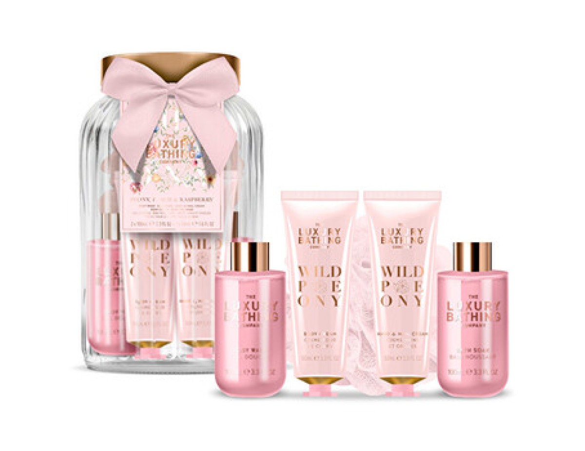 Grace Cole-Peony & Peach Gift Set in Glass ( Pivoňka, Broskev & Malina ) - Dárková sada péče ve skleněné dóze ( 5 ks ) Grace Cole-Peony & Peach Gift Set in Glass ( Pivoňka, Broskev & Malina ) - Dárková sada péče ve skleněné dóze ( 5 ks )