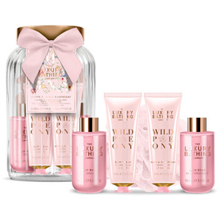 Grace Cole-Peony & Peach Gift Set in Glass ( Pivoňka, Broskev & Malina ) - Dárková sada péče ve skleněné dóze ( 5 ks )