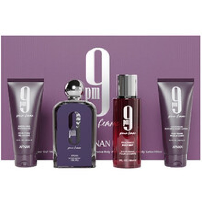 Afnan-9PM Pour Femme Dárková sada EDP 100 ml, sprchový gel 100 ml, tělový závoj 150 ml a tělové mléko 100 ml-100ml