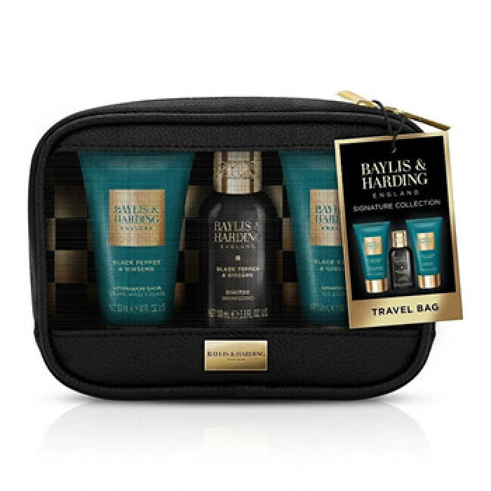 Baylis & Harding-Men Body Care Trio ( Black Pepper & Ginseng ) - Dárková sada v taštičce ( 3 ks )