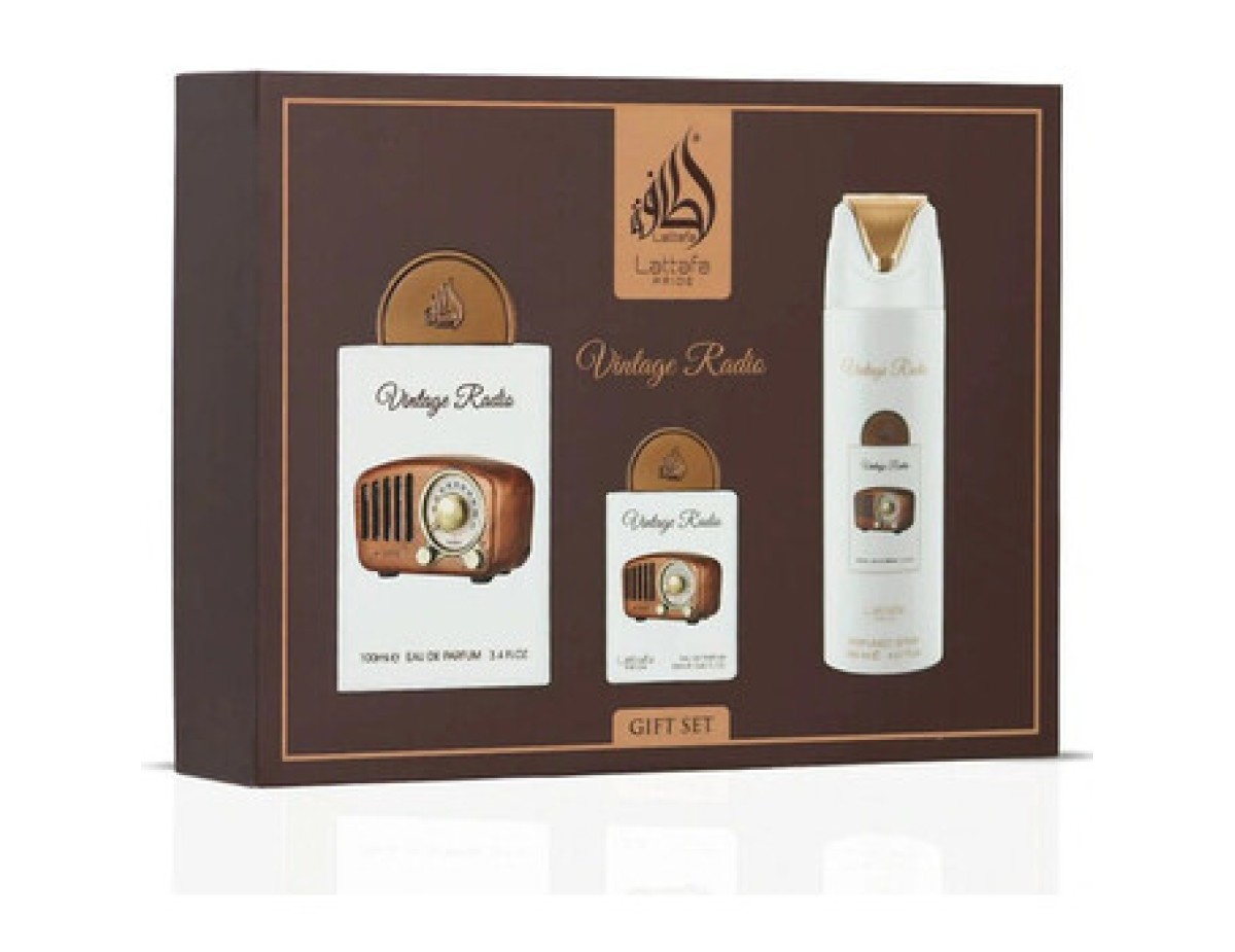 Lattafa Perfumes-Pride Vintage Radio Dárková sada EDP 100 ml, EDP 20 ml a tělový sprej 200 ml-100ml