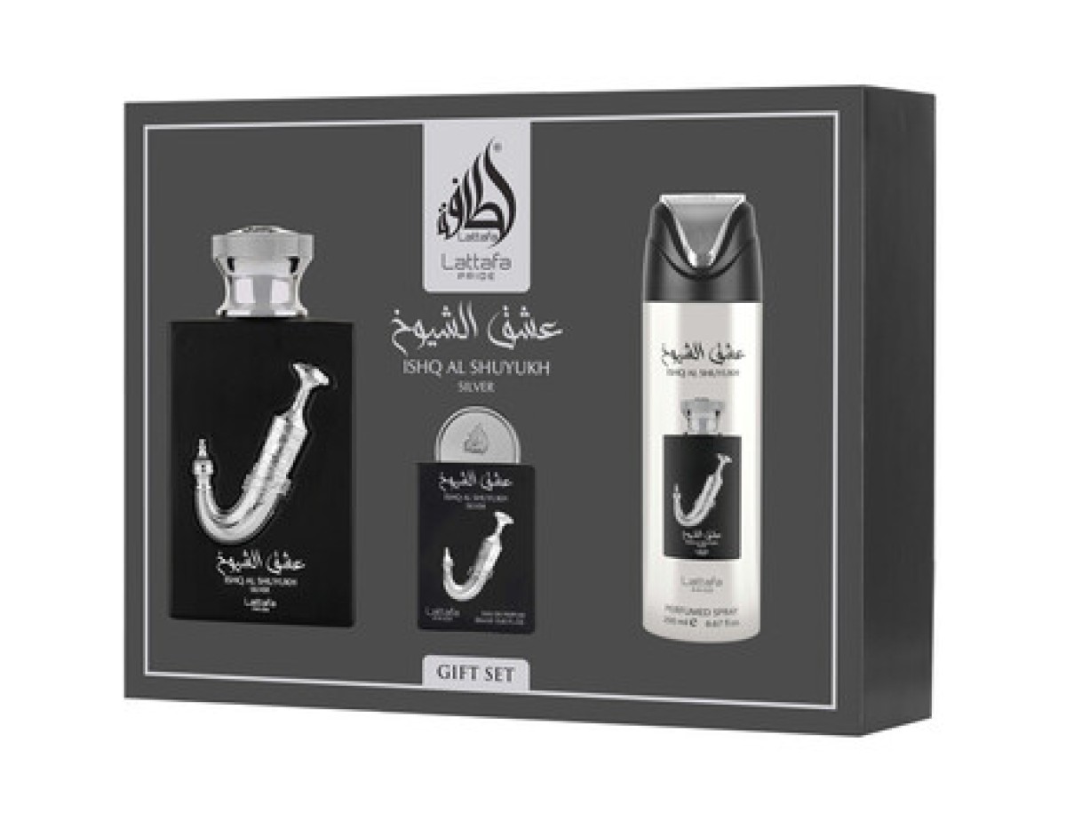 Lattafa Perfumes-Ishq Al Shuyukh Silver Dárková sada EDP 100 ml, deospray 200 ml a EDP 20 ml-100ml