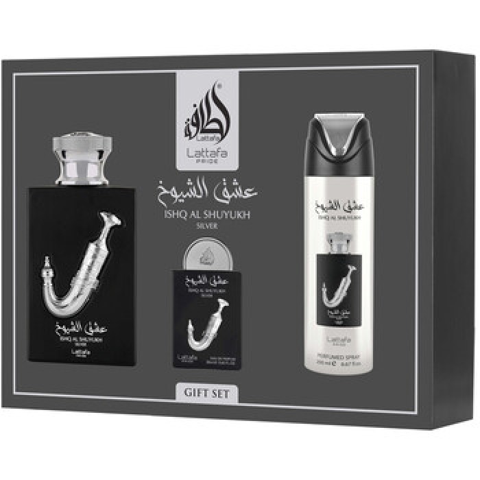 Lattafa Perfumes-Ishq Al Shuyukh Silver Dárková sada EDP 100 ml, deospray 200 ml a EDP 20 ml-100ml
