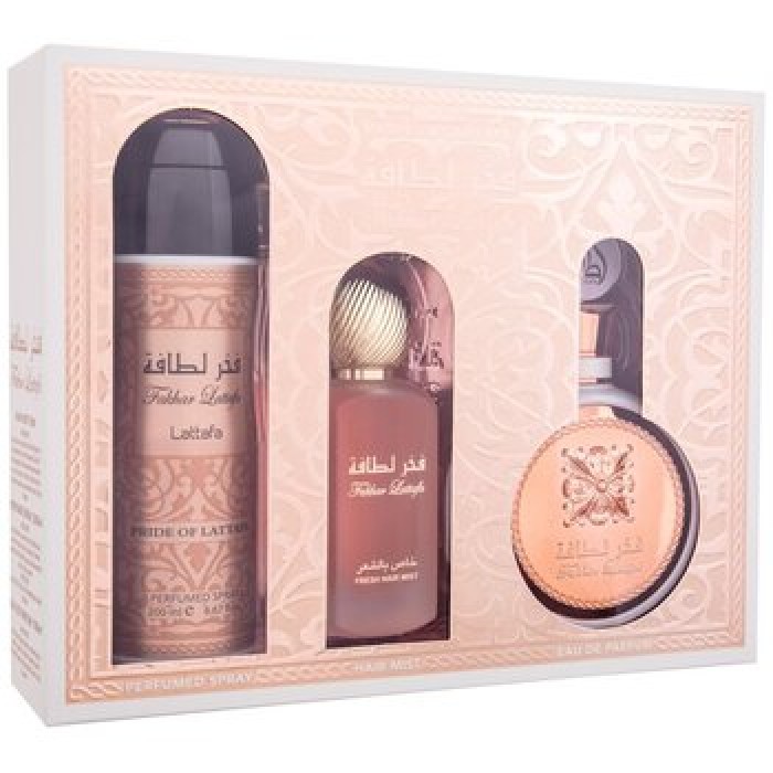 Lattafa Perfumes-Fakhar Rose Dárková sada EDP 100 ml, deospray 200 ml a vlasová mlha 50 ml-100ml