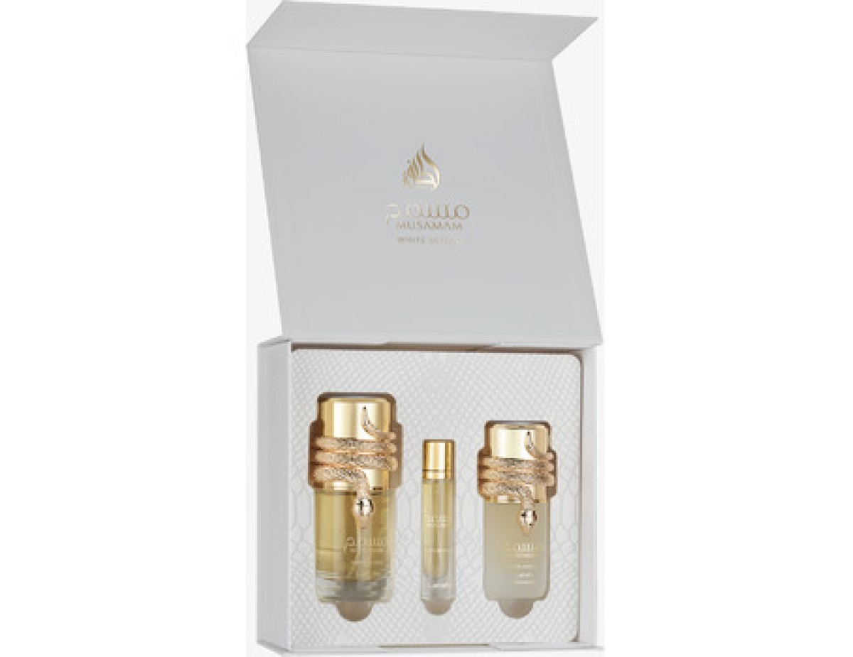 Lattafa Perfumes-Musamam White Intense Dárková sada EDP 100 ml, miniaturka EDP 12 ml a vlasová mlha 50 ml-100ml