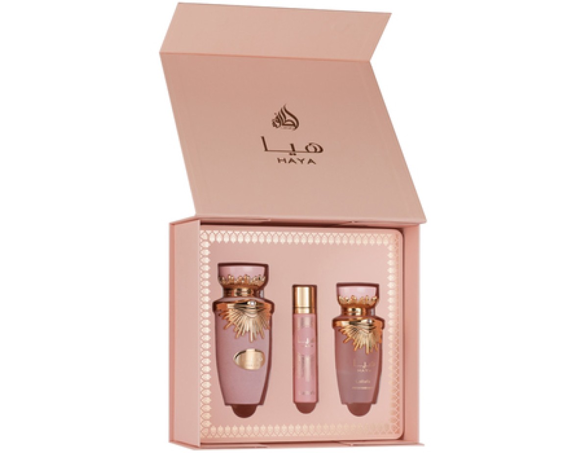 Lattafa Perfumes-Haya Dárková sada EDP 100 ml, vlasová mlha 50 ml a miniaturka EDP 12 ml-100ml Lattafa Perfumes-Haya Dárková sada EDP 100 ml, vlasová mlha 50 ml a miniaturka EDP 12 ml-100ml