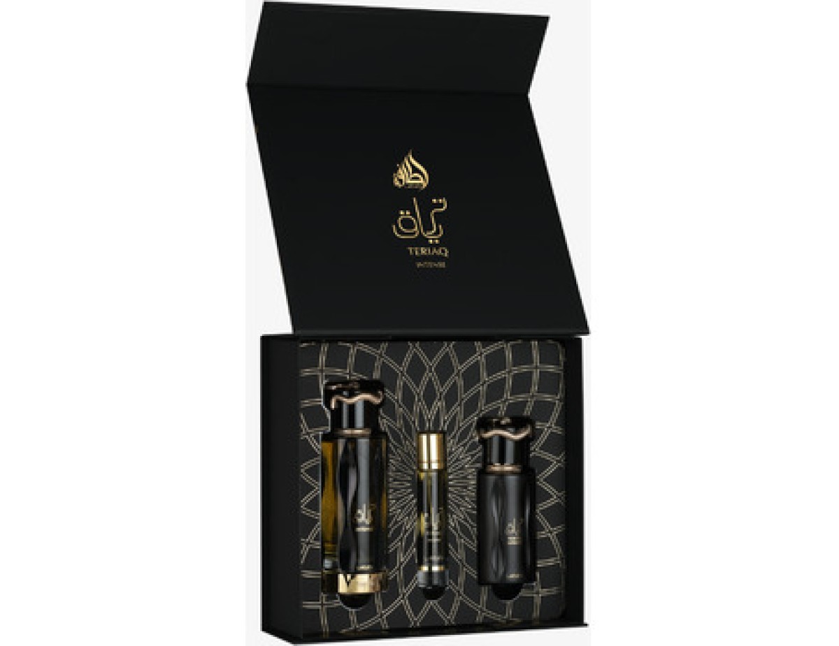 Lattafa Perfumes-Teriaq Intense Dárková sada EDP 60 ml, vlasová mlha 50 ml a miniaturka EDP 12 ml-100ml Lattafa Perfumes-Teriaq Intense Dárková sada EDP 60 ml, vlasová mlha 50 ml a miniaturka EDP 12 ml-100ml