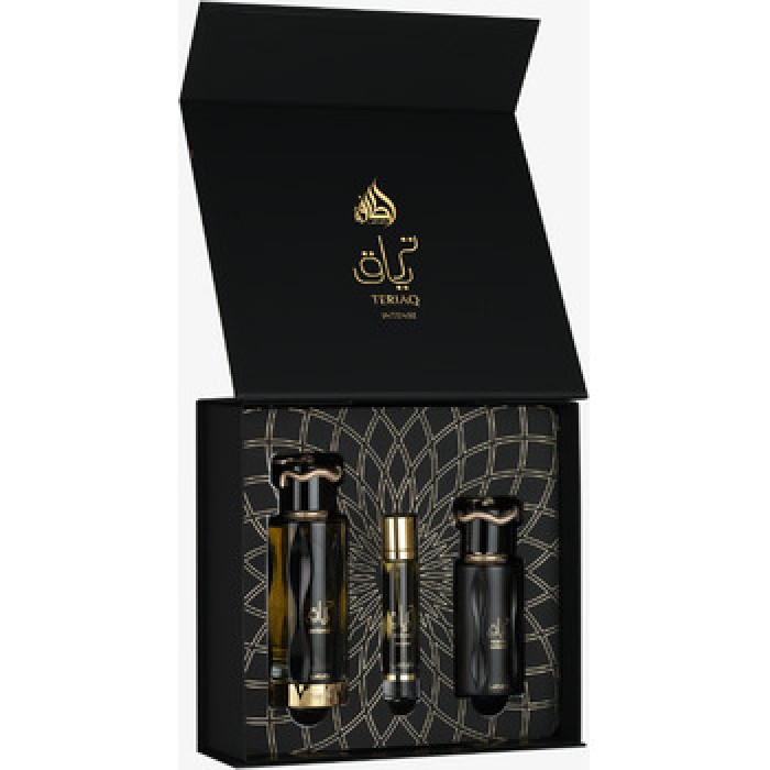 Lattafa Perfumes-Teriaq Intense Dárková sada EDP 60 ml, vlasová mlha 50 ml a miniaturka EDP 12 ml-100ml