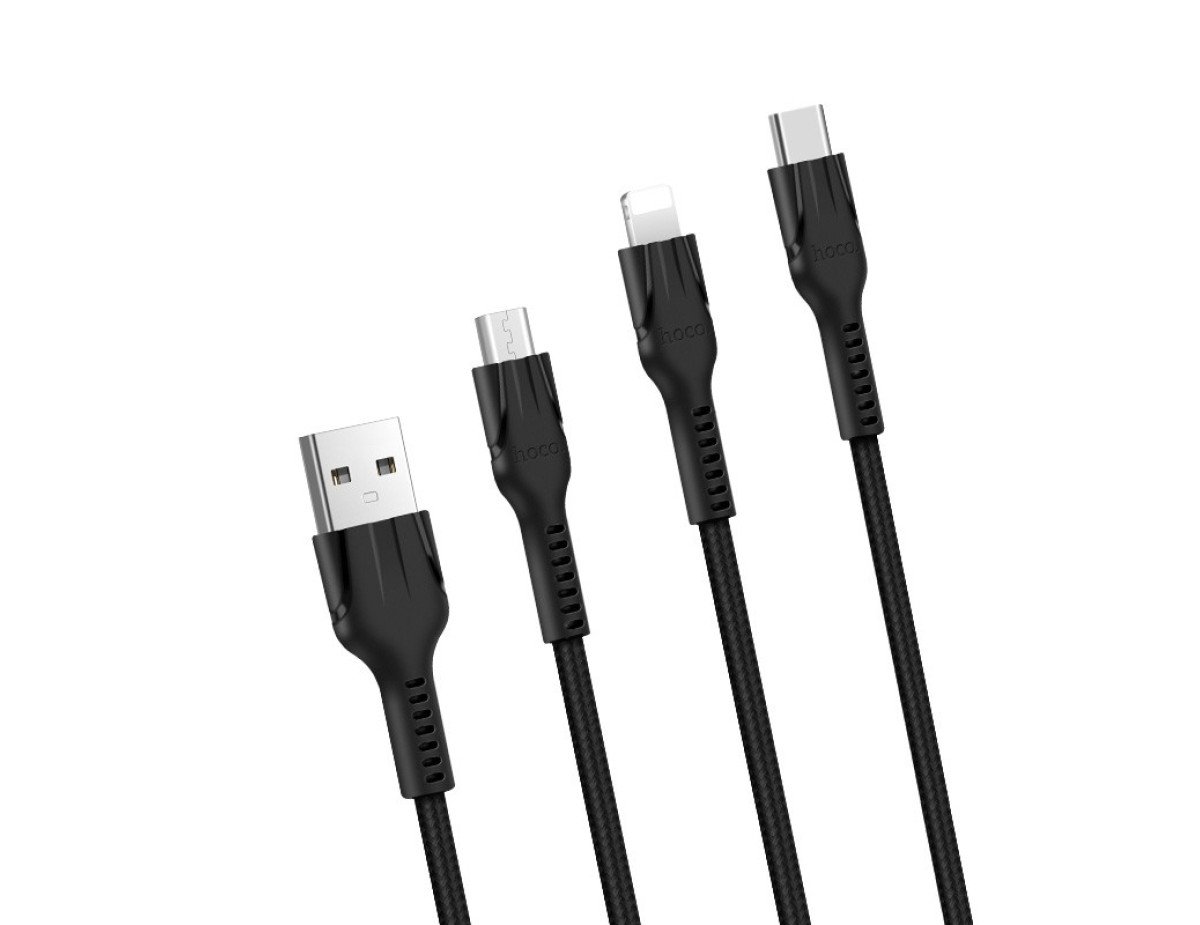 Καλώδιο σύνδεσης Hoco U31 Benay Braided με Νάυλον Κορδόνι 3 σε 1 USB σε Micro-USB, Lightning, USB-C Μαύρο 1,2m