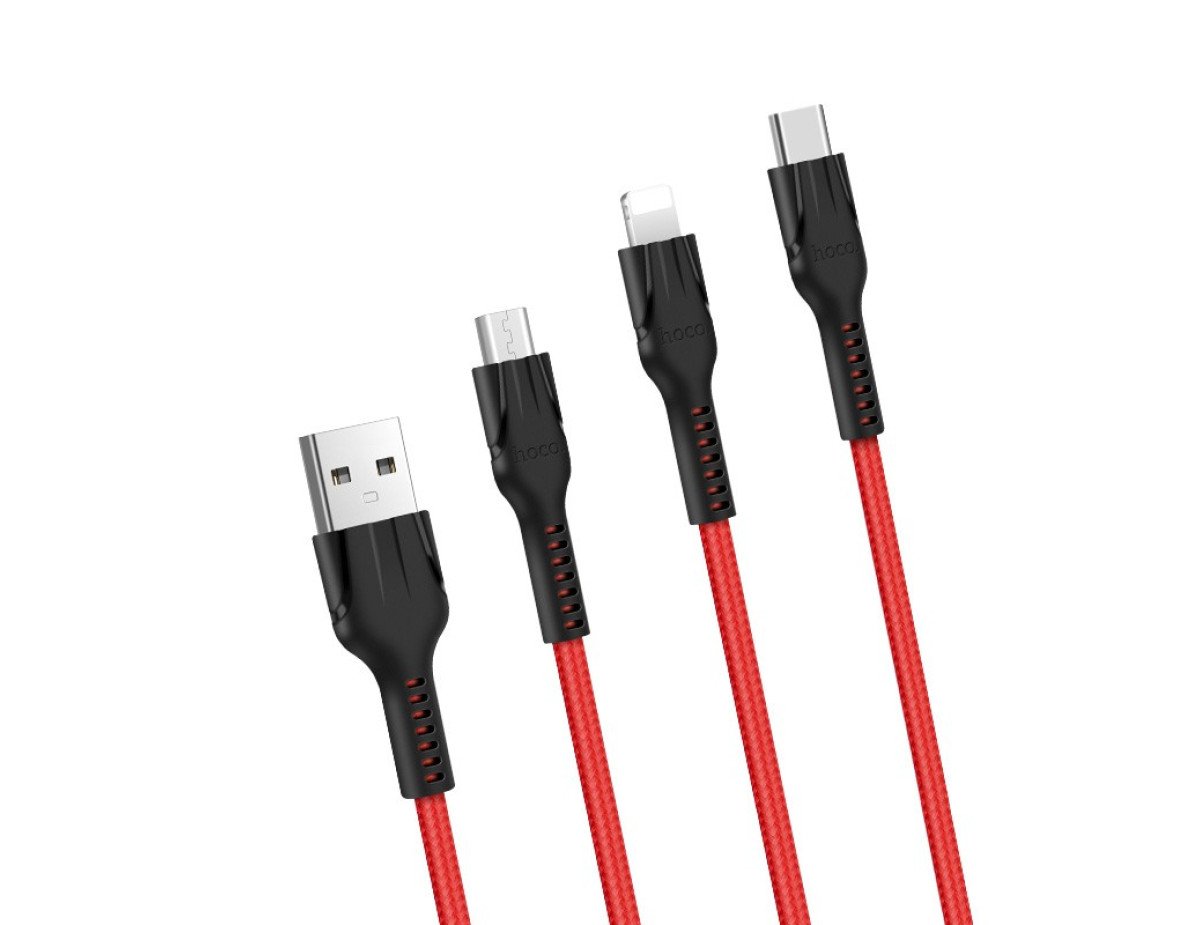 Καλώδιο σύνδεσης Hoco U31 Benay Braided με Νάυλον Κορδόνι 3 σε 1 USB σε Micro-USB, Lightning, USB-C Κόκκινο 1,2m