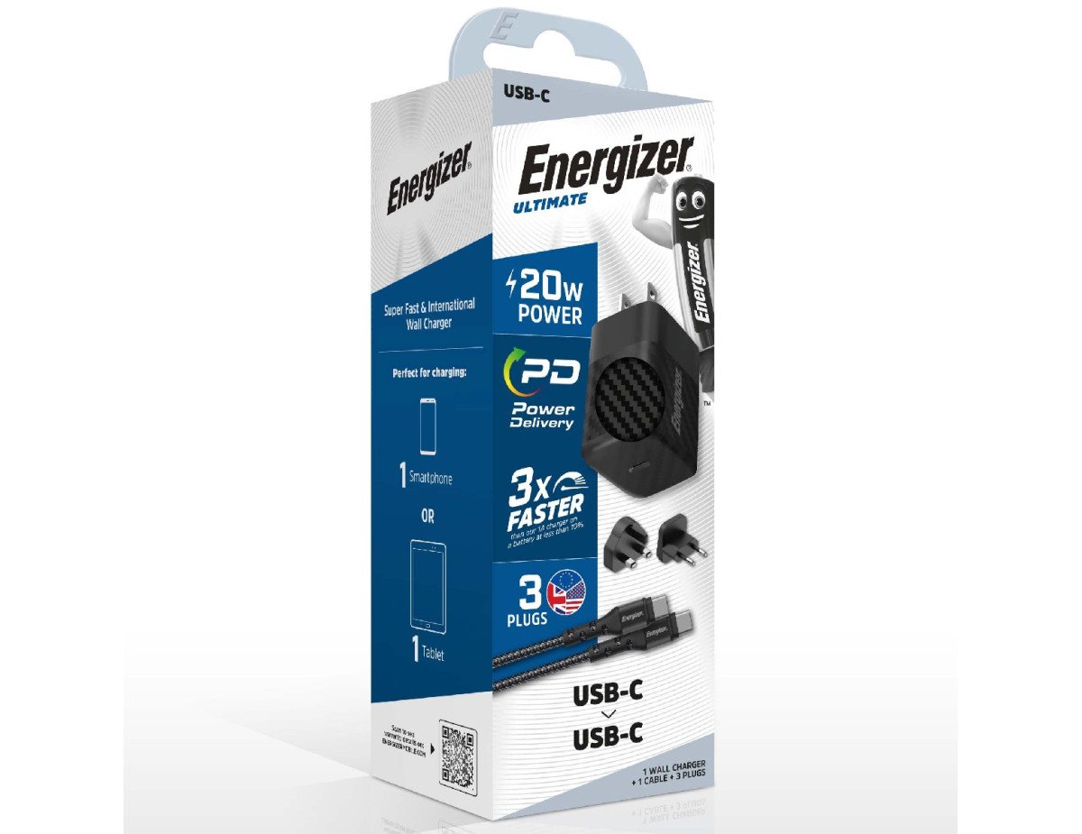 Φορτιστής Ταξιδίου Energizer Fast Charge με USB-C 20W και Καλώδιο USB-C/USB-C Μαύρο