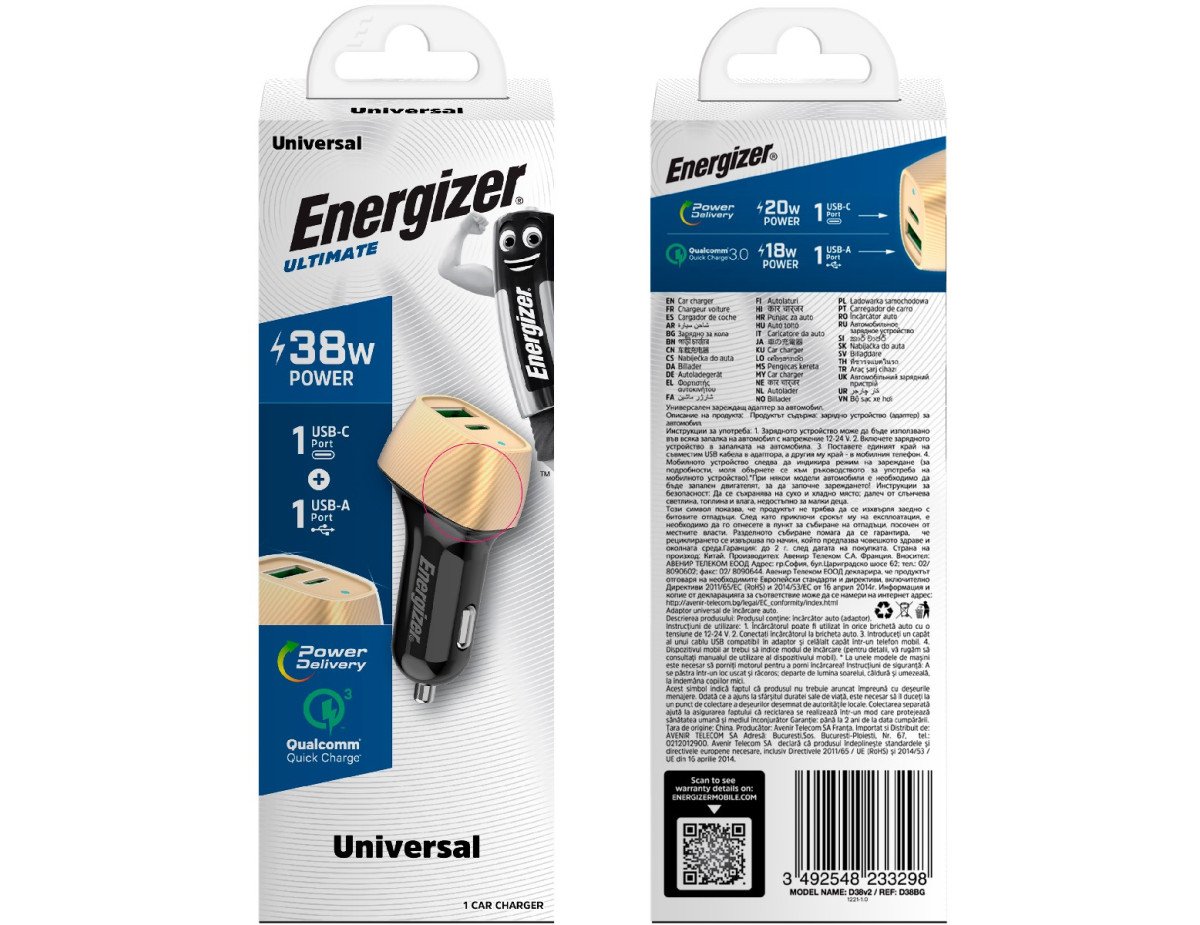 Φορτιστής Αυτοκινήτου Energizer D38BG με PD, QC με έξοδο USB-C/USB-A 38W/4A  Μαύρο-Χρυσό