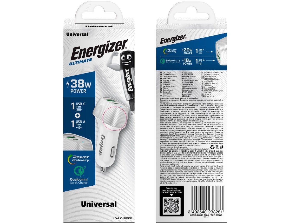 Φορτιστής Αυτοκινήτου Energizer D38WS με PD, QC με έξοδο USB-C/USB-A 38W/4A  Ασημί