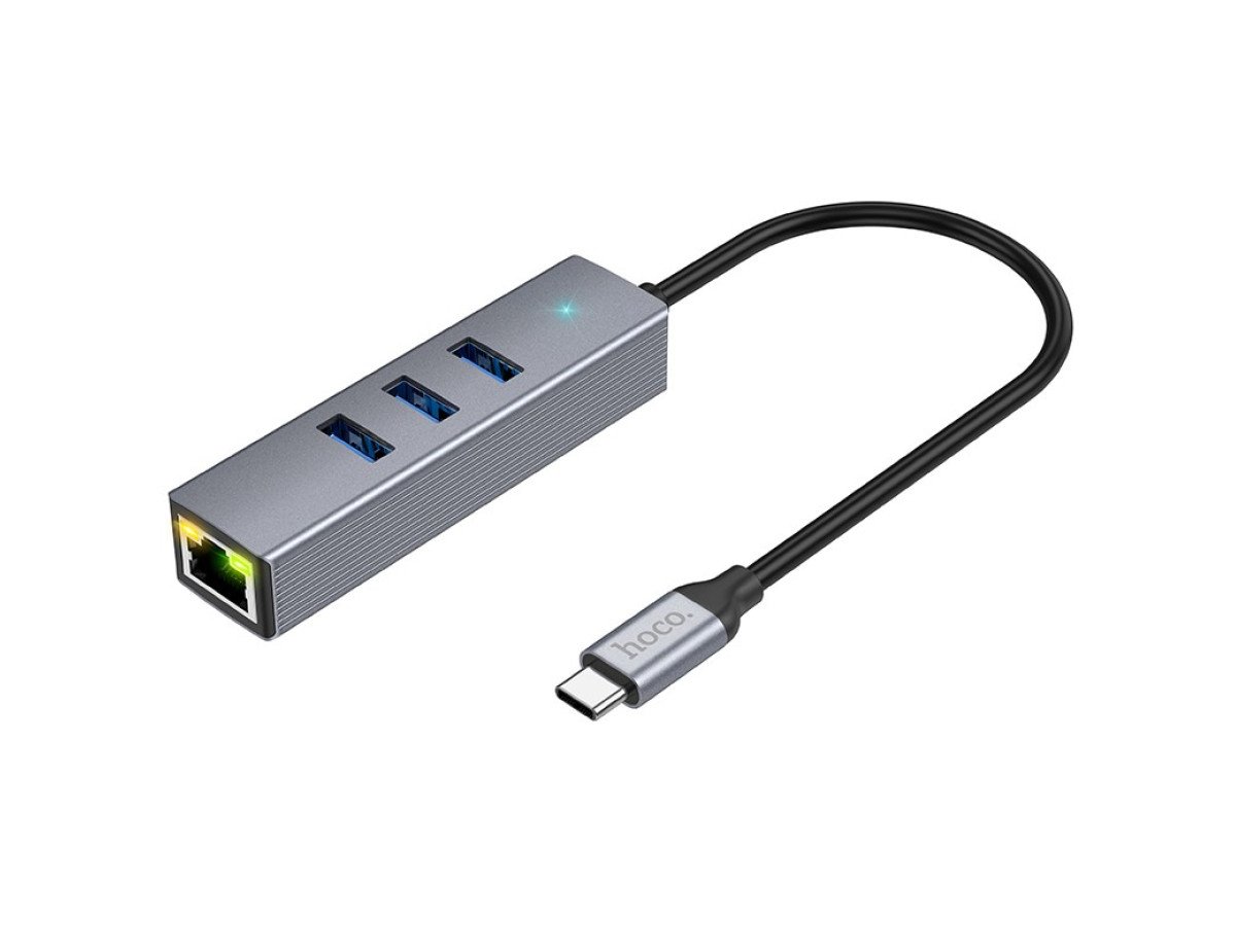 Αντάπτορας Hoco HB34 3 x USB-C σε USB 3.0 και RJ45  με Λειτουργία Μεταφοράς Δεδομένων 1000Mbps Γκρι