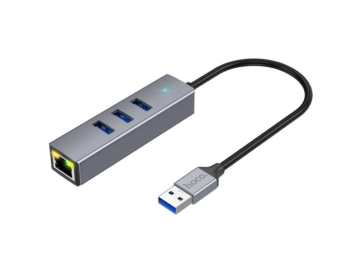 Αντάπτορας Hoco HB34 3 x USB σε USB 3.0 και RJ45  με Λειτουργία Μεταφοράς Δεδομένων 1000Mbps Γκρι