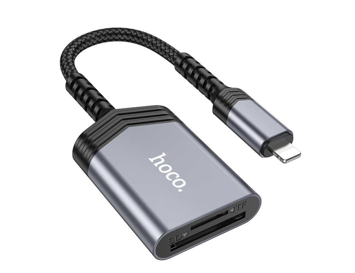 Αναγνώστης Κάρτας Μνήμης Hoco UA25 2 σε 1 Lightning 480Mbps και 2TB για Micro SD/SD OTG Κοντό και Anti-bending Καλώδιο Γκρι