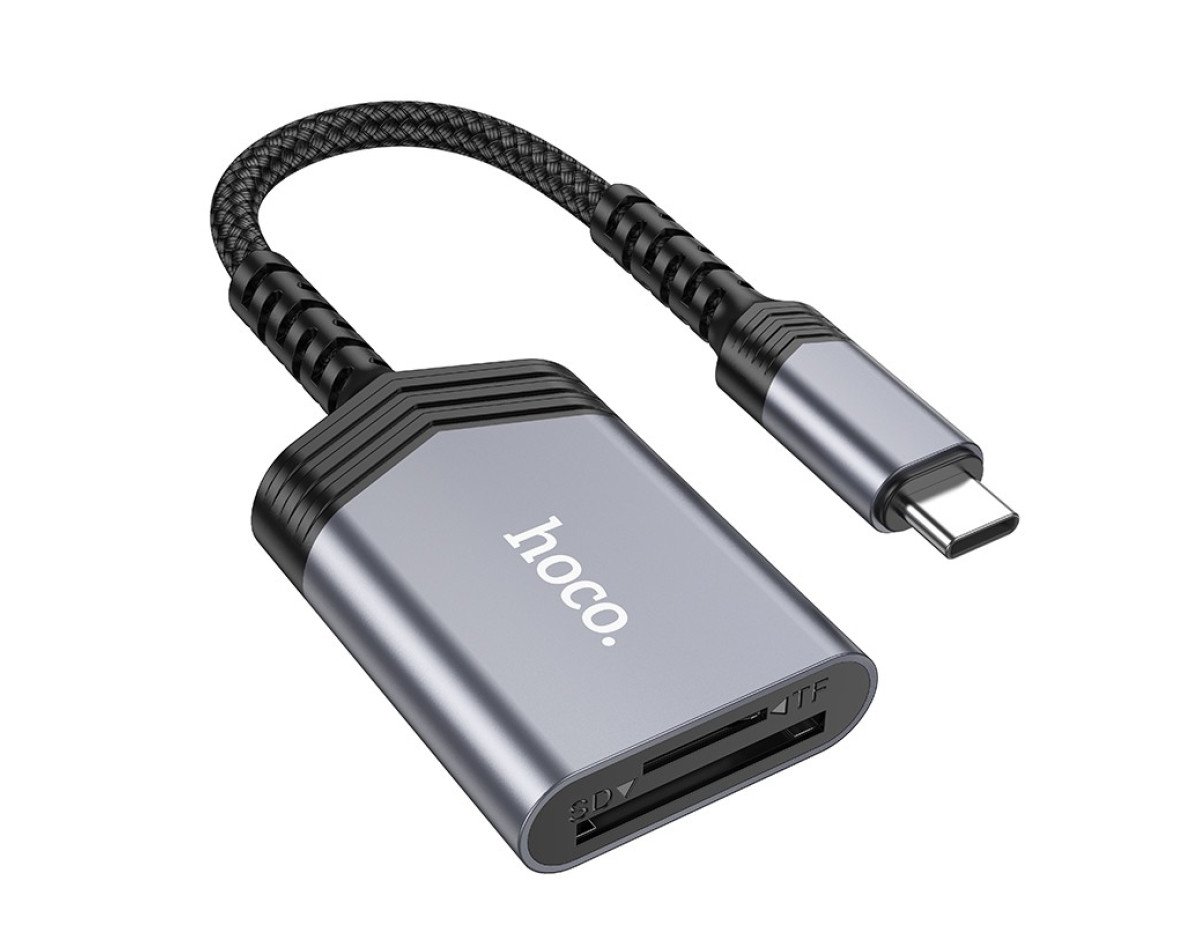 Αναγνώστης Κάρτας Μνήμης Hoco UA25 2 σε 1 USB-C480Mbps και 2TB για Micro SD/SD OTG Κοντό και Anti-bending Καλώδιο Γκρι