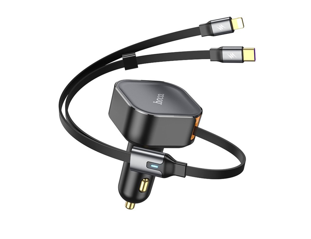 Φορτιστής Αυτοκινήτου Hoco NZ13 Clever USB-C PD30W QC3.0 και Lightning PD27W με Αναδιπλούμενο Καλώδιο 90εκ Μαύρος