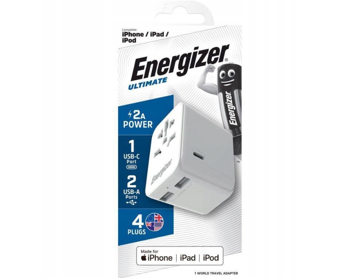 Παγκόσμιος Φορτιστής Ταξιδίου Energizer TA633M USN/CN AU UK EU με USB-C και 2xUSB-A 25W Apple Certified MFI Λευκό