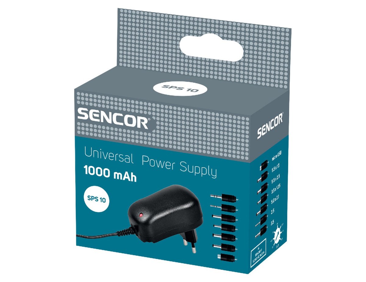 Universal Φορτιστής Sencor SPS 10 1000mAh  με αποσπόμενα βύσματα micro USB, 5.5 x 1.5, 5.5 x 2.5, 3.5 x 1.35, 5.0 x 2.1, 2.5mm, 3.5mm