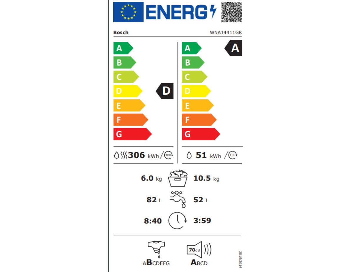 Bosch WNA14411GR Πλυντήριο-Στεγνωτήριο Ρούχων 10.5kg/6kg Ατμού 1400 Στροφές